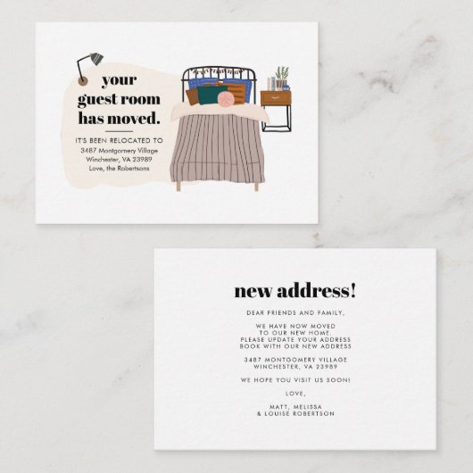 新しい住所ゲストルームのDecorの移動アナウンス ノートカード (正面/裏面)