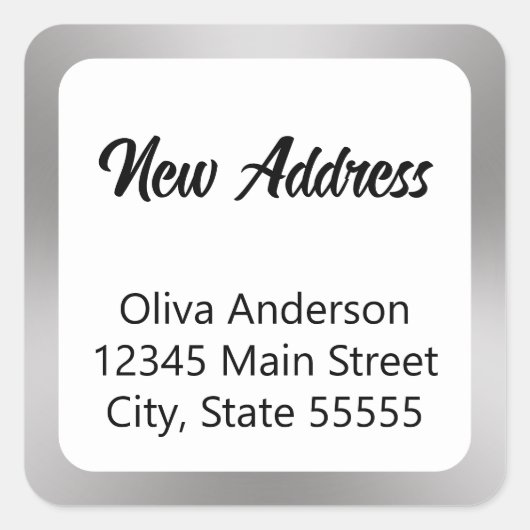 新しい住所シルバーホワイトとブラックスクリプトと名前 スクエアシール (正面)