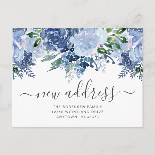 新しい住所フローラ埃っぽい青い動きのお知らせ ポストカード (正面)