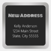 新しい住所ブラックとシルバーの動きのお知らせ スクエアシール (正面)