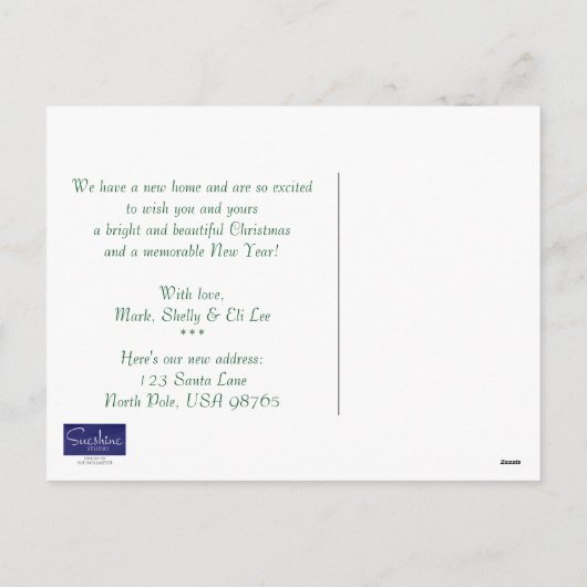新しい住所ポストカードからのクリスマス シーズンポストカード (裏面)