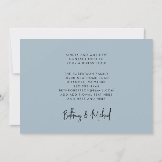 新しい住所モダン書道ほこりっぽい青い移動 案内状 (裏面)