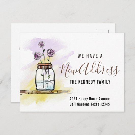 新しい住所モダン水の色の花ホーム移動 案内ポストカード (正面/裏面)