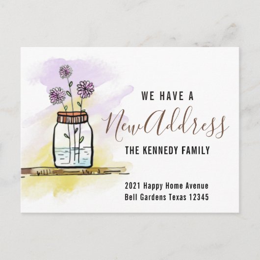 新しい住所モダン水の色の花ホーム移動 案内ポストカード (正面)