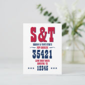 新しい住所モノグラムパーソナライズされた赤白青 ポストカード (スタンド正面)