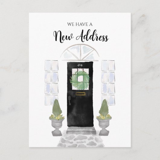新しい住所引っ越しました水色ブラックドア ポストカード (正面)