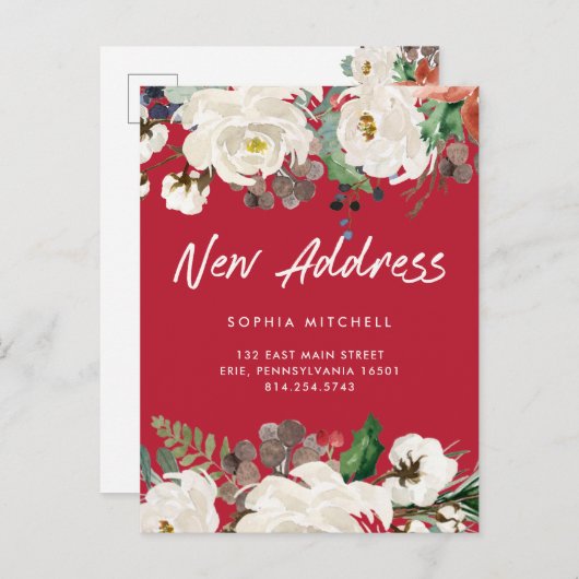 新しい住所|クリスマスフェスティバルレッドフローラ引っ越し 案内ポストカード (正面/裏面)