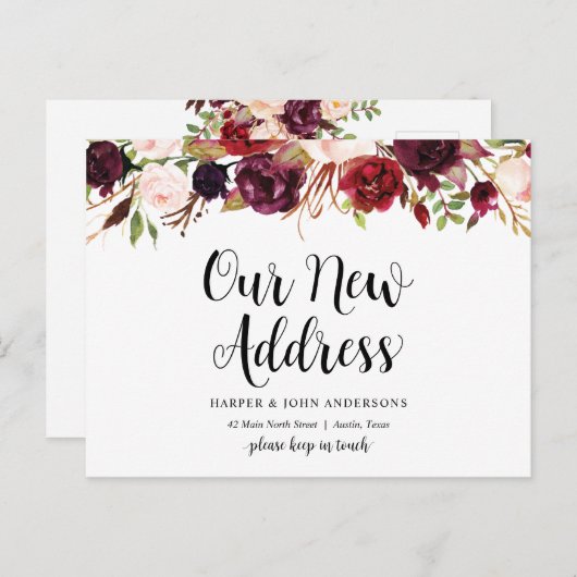 新しい住所、バーガンディフローラ、お知らせ ポストカード (正面/裏面)