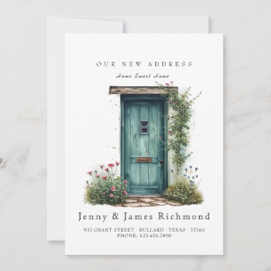 新しい住所I水彩グリーンフロントドアフラワー 案内状 (正面)