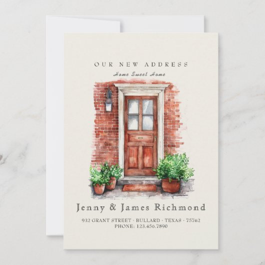 新しい住所I水彩前面ドアとレンガ 案内状 (正面)