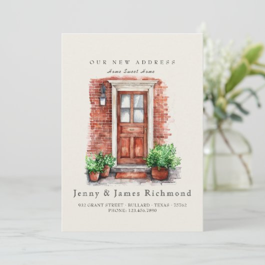 新しい住所I水彩前面ドアとレンガ 案内状 (スタンド正面)