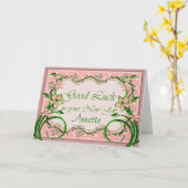 新しい作業伝票の水玉模様のピンクの幸運 カード (黄色い花)