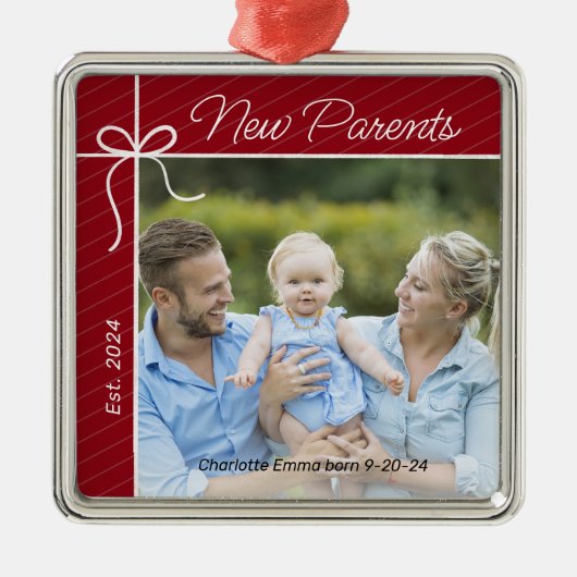 新しい保護者の家族の初めてのクリスマス写真 メタルオーナメント (正面)