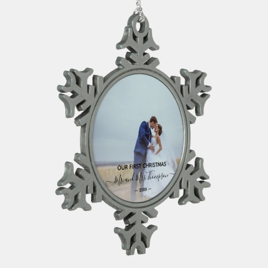 新しい初めてのクリスマス写真署名スクリプト スノーフレークピューターオーナメント (左)