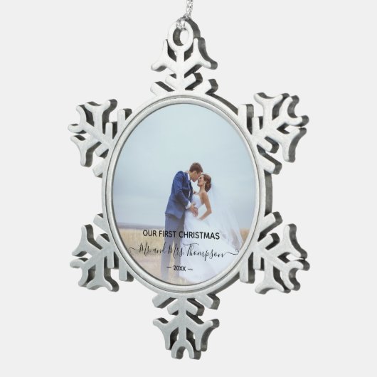 新しい初めてのクリスマス写真署名スクリプト スノーフレークピューターオーナメント (右)