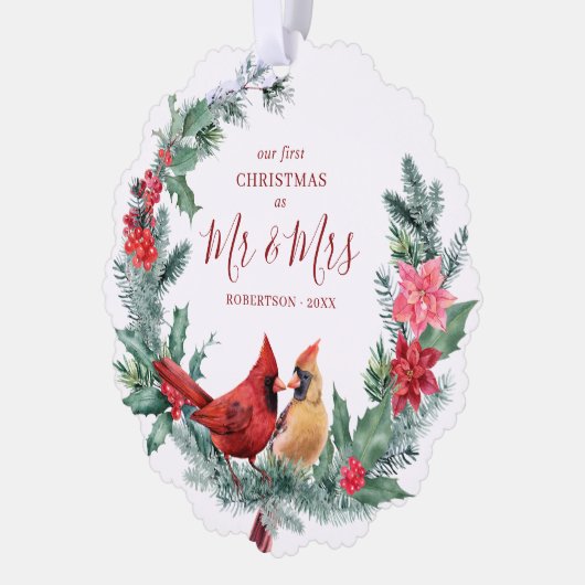 新しい初めてのクリスマス深紅色リース写真 オーナメントカード (左)