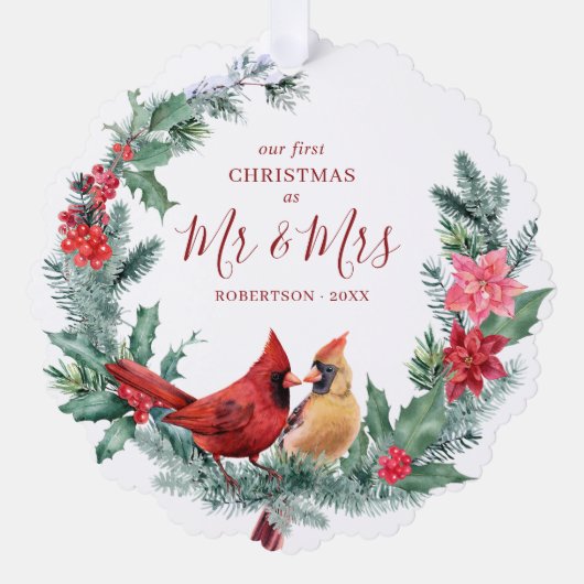 新しい初めてのクリスマス深紅色リース写真 オーナメントカード (正面)