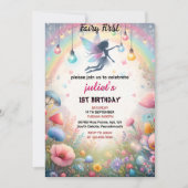 新しい可愛いフローラピンクの女の子の妖精の最初の1歳の誕生日 招待状 (正面)