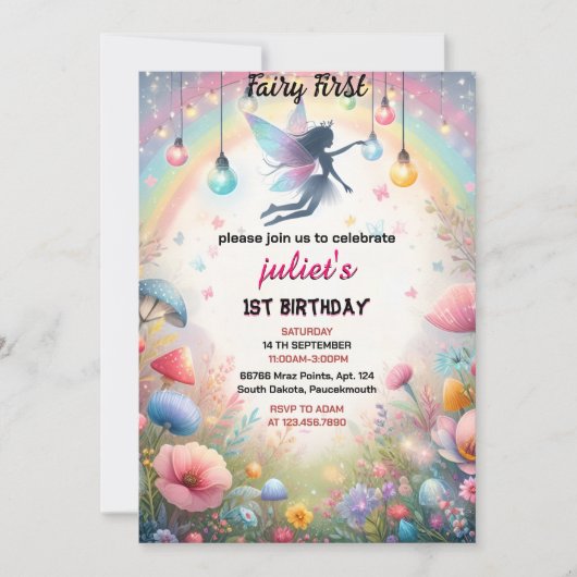 新しい可愛いフローラピンクの女の子の妖精の最初の1歳の誕生日 招待状 (正面)