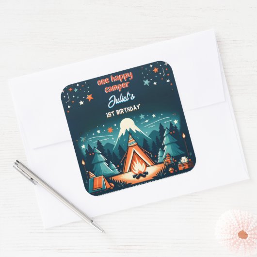 新しい可愛い自然少年たち1ハッピーキャンパー1歳の誕生日 スクエアシール (封筒)