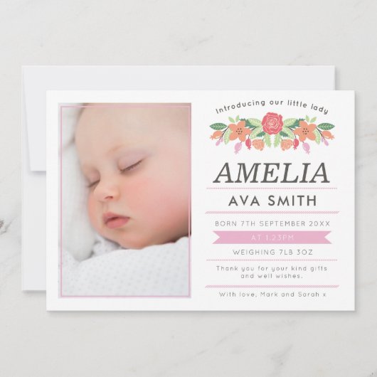 新しい女の子の赤ちゃんが生まれました　お知らせ/感謝カード 案内状 (正面)