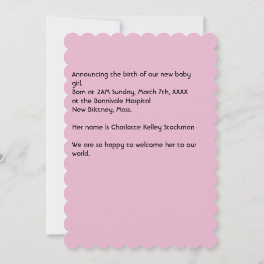 新しい女の子の赤ちゃんの誕生のお知らせシングルカード (裏面)