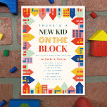 新しい子供のブロックの家の赤ん縁どだシャワー 招待状<br><div class="desc">ピンク、ブルー縁ど、レッド、グリーン、オレンジ、イエローのカラーパレットを持つ家や建物のイラストで特色を持つニュートラルな赤ちゃんシャワー招待。</div>