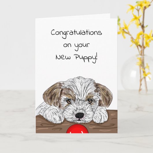 新しい子犬おめでとう！ カード (黄色い花)
