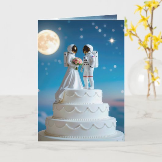 新しい宇宙飛行士結婚がケーキを食べる カード (黄色い花)