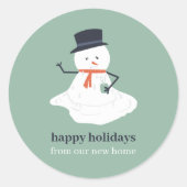 新しい家からクリスマスの雪だるまのホリデーカード ラウンドシール (正面)
