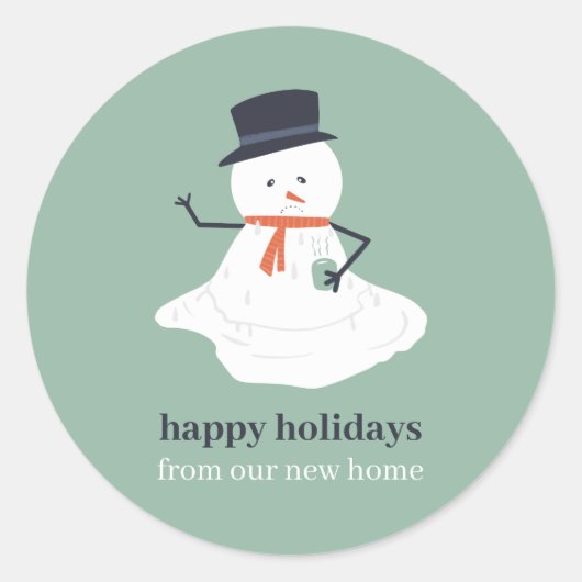 新しい家からクリスマスの雪だるまのホリデーカード ラウンドシール (正面)