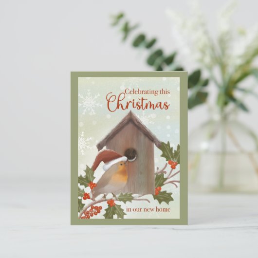 新しい家でのクリスマス 鳥と鳥小屋 ポストカード (スタンド正面)