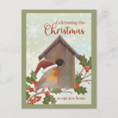 新しい家でのクリスマス 鳥と鳥小屋 ポストカード (正面)