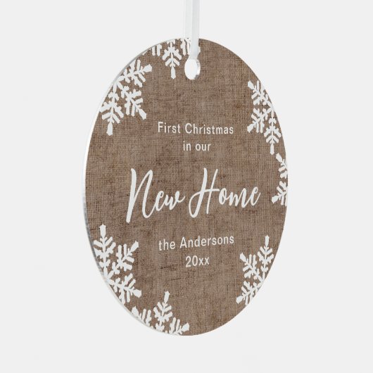 新しい家でBurlapスノーフレーク初めてのクリスマス メタルオーナメント (正面右)