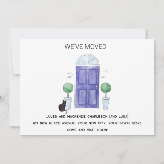 新しい家に引っ越した青いドアと猫 案内状 (正面)