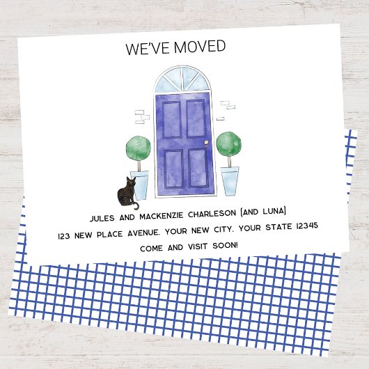 新しい家に引っ越した青いドアと猫 案内状