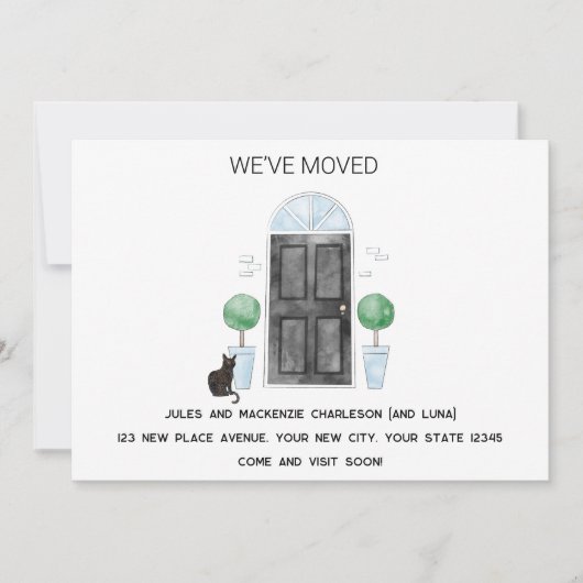 新しい家に引っ越してきた黒扉と猫 案内状 (正面)