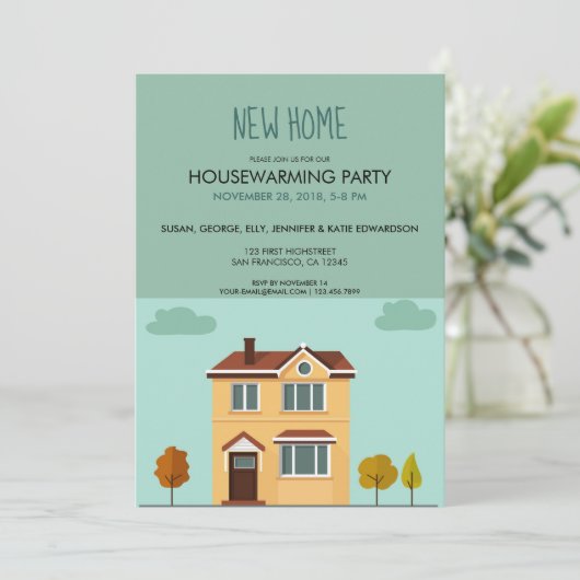 新しい家のかわいい引っ越し祝いパーティーのパーティー 招待状 (スタンド正面)