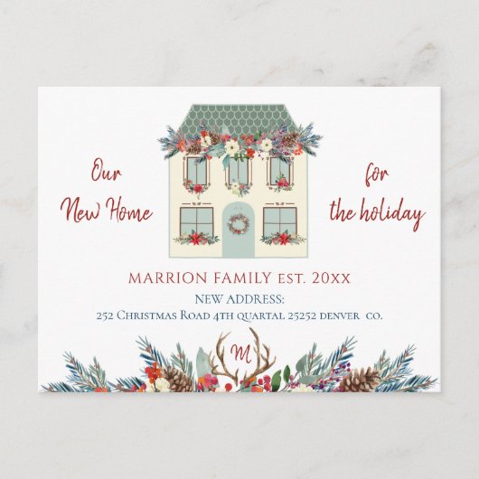 新しい家のための休日のグリーンハウス赤い移動 案内ポストカード (正面)