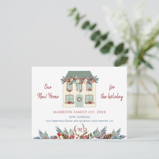 新しい家のための休日のグリーンハウス赤い移動 案内ポストカード (スタンド正面)