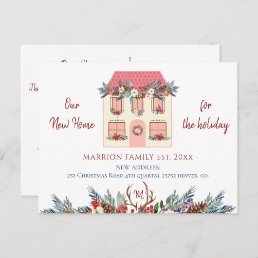 新しい家のための休日のピンクの家の赤い移動 案内ポストカード (正面/裏面)