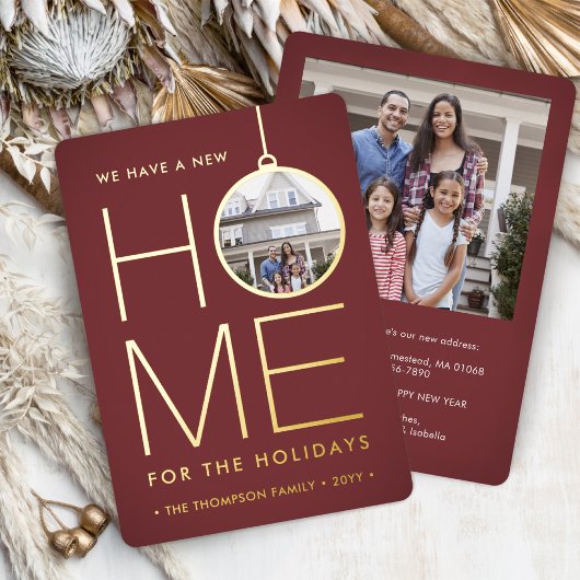 新しい家のクリスマスオーナメント 現代の赤 2 枚の写真 箔シーズンカード