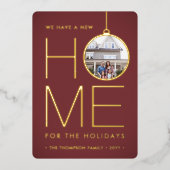 新しい家のクリスマスオーナメント 現代の赤 2 枚の写真 箔シーズンカード (正面)