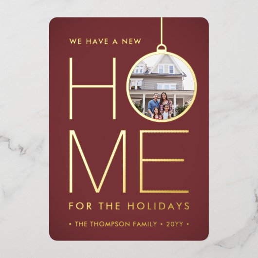 新しい家のクリスマスオーナメント 現代の赤 2 枚の写真 箔シーズンカード (正面)