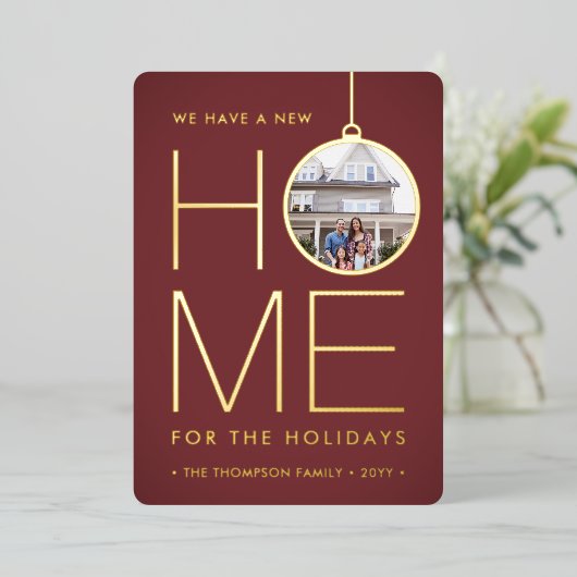 新しい家のクリスマスオーナメント 現代の赤 2 枚の写真 箔シーズンカード (立ち正面)