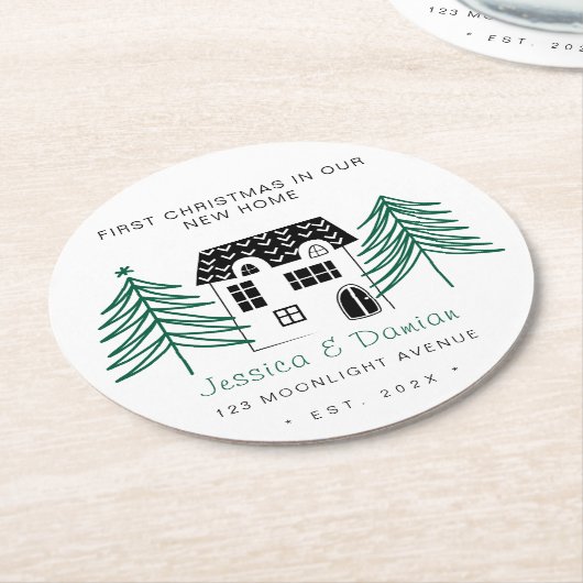 新しい家のミニマル初めてのクリスマス ラウンドペーパーコースター (アングル)
