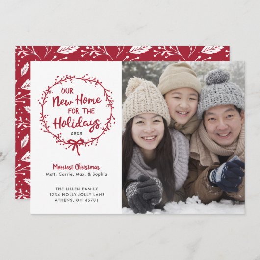 新しい家の写真を使ったクリスマスの転居発表 招待状 (正面/裏面)