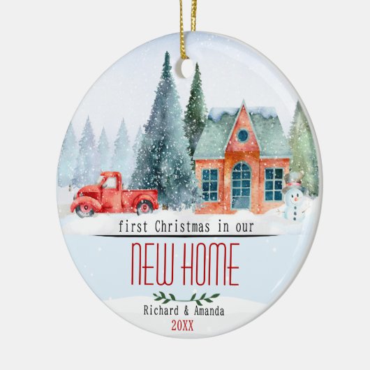 新しい家の冬のシーンでかわいい初めてのクリスマス セラミックオーナメント (左)