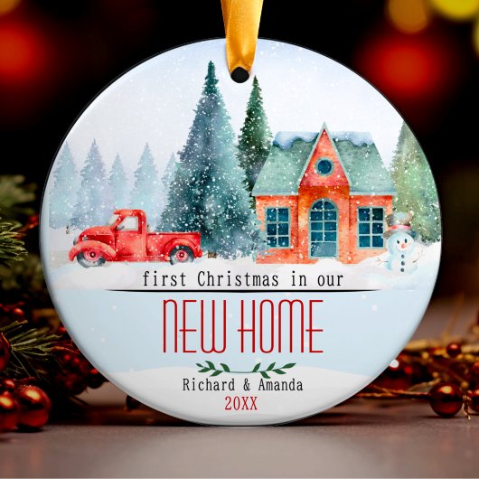 新しい家の冬のシーンでかわいい初めてのクリスマス セラミックオーナメント