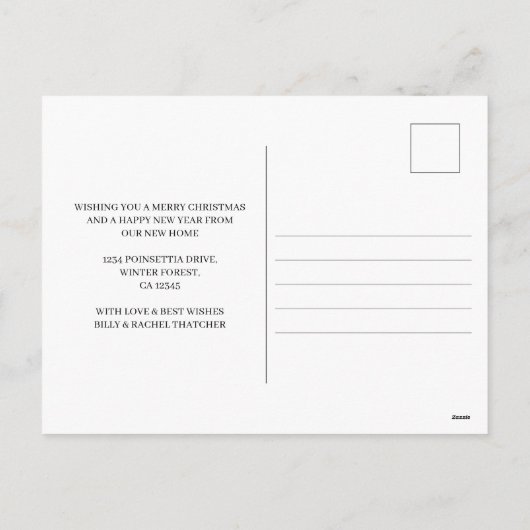 新しい家の冬の森からのメリークリスマス移動 シーズンポストカード (裏面)
